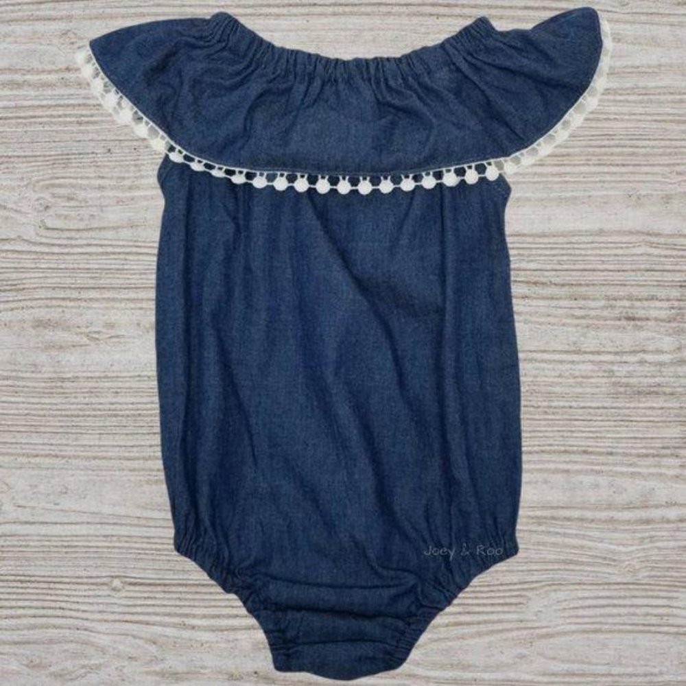 Chambray Ruffle Pom Pom Bodysuit Short Sleeve